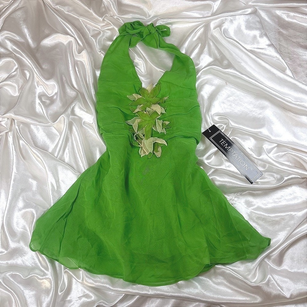 y2k Halter Top Green New Temptation 3D Floral Leaf Fairycore Rayon Blouse